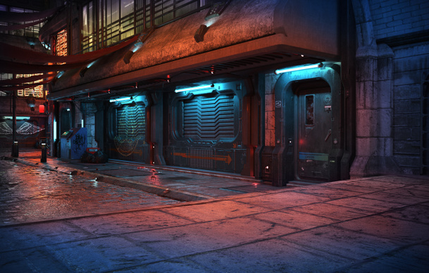 Cyberpunk-Sci-Fi-Stadt Straßen in der Nacht - Foto, Bild