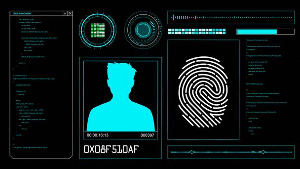 HUD-Elemente auf einem Computerdisplay mit durchsuchenden Personen und Fingerabdrücken auf einem Bildschirm. High-Tech-Illustration - Foto, Bild