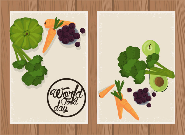 Плакат дня мировой кухни с овощами на бежевом и деревянном фоне - Вектор,изображение