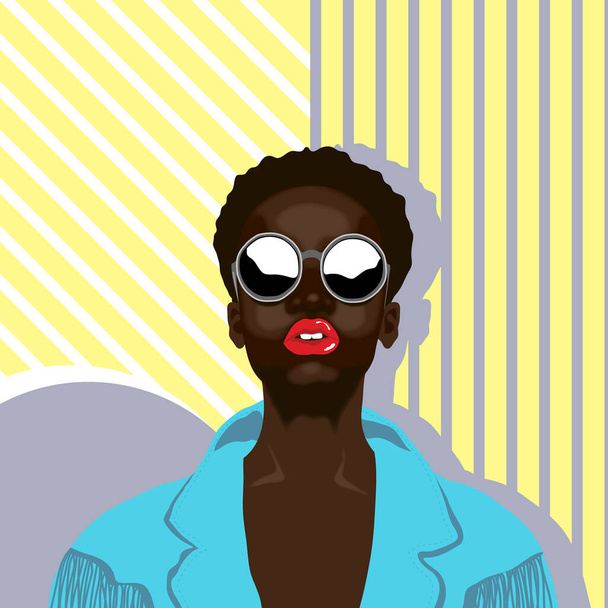 Illustration vectorielle d'une Afro-Américaine en lunettes rondes sur un fond abstrait - Vecteur, image