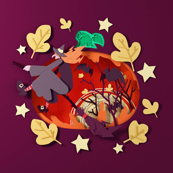 Witch flying with bats between branches in october autumn Halloween night in front of the pumpkin silhouette and leaves and stars background. 3d illustration paper cutting. - Zdjęcie, obraz