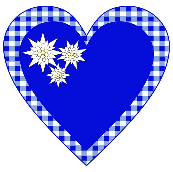 corazón símbolo estilo bavariano en azul con patrón alpino y edelweiss - Vector, imagen