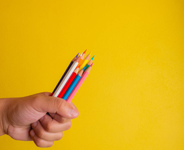 Une image colorée d'une main latérale tenant plusieurs crayons de couleur salissants avec de beaux bouts avec vue sur le poing et le doigt et arrière-plan flou - Photo, image