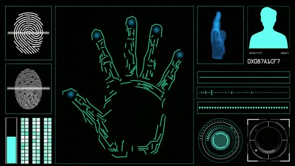 hud elementen op een computerscherm met handscannen en vingerafdrukken op een scherm.  - Video