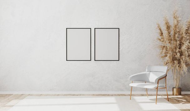 Λευκά πλαίσια αφίσας σε φωτεινό σύγχρονο άδειο δωμάτιο εσωτερικό με πολυτελή λευκή καρέκλα σε ξύλινο παρκέ δάπεδο και λευκό διακοσμητικό σοβά τοίχο, 3d απόδοση - Φωτογραφία, εικόνα