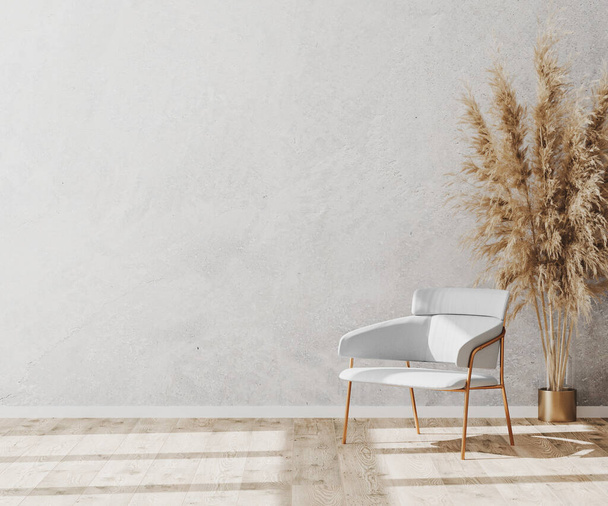 Lumineux minimaliste contemporain chambre vide design intérieur avec chaise blanche de luxe sur parquet en bois et mur de plâtre décoratif blanc, maquette de chambre vide, rendu 3D - Photo, image