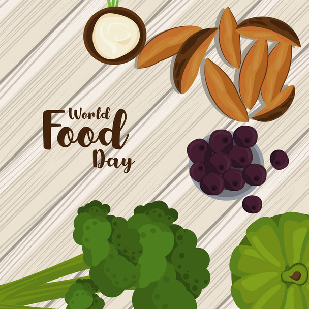 αφίσα παγκόσμιας ημέρας τροφίμων με λαχανικά σε ξύλινο φόντο - Διάνυσμα, εικόνα