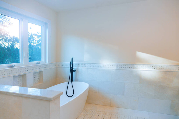 Дизайнерская ванная комната с ванной душевой кабиной - Фото, изображение