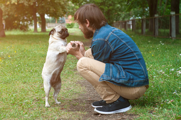Man with his pug dog playing outdoor in the park, Young owner hugs and love his pet. - 写真・画像