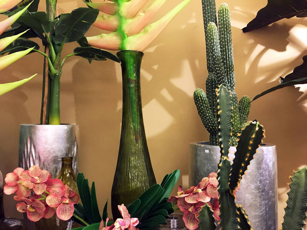 Jarrones de vidrio y vasos con velas sobre mesa de madera. Orquídea en una maceta de diseño. Concepto de jardín casero. Estilo minimalista en el interior. Los objetos de estilo en el estante. Decoración y floristería - Foto, Imagen