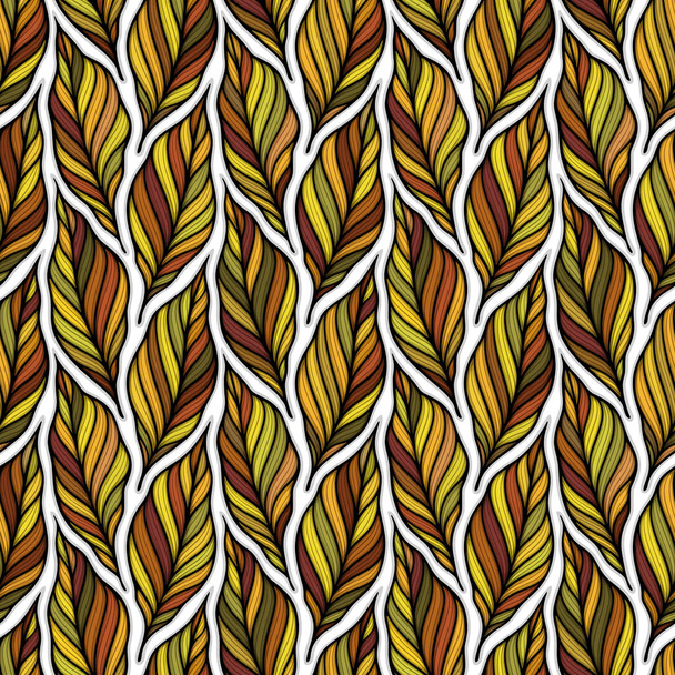 Falling leaves colorful vector illustration. Decorative autumn leaves beautiful seamless pattern. Hand drawn organic lines - Vector, Imagen