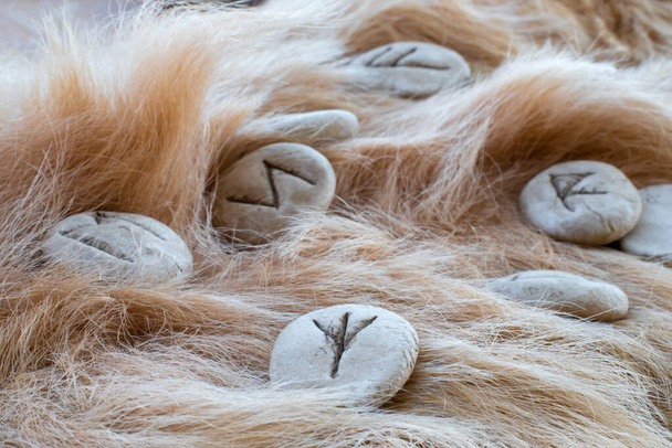 Stenen runen op een vacht. Futhark viking alfabet. Close up foto van Noorse runen. - Foto, afbeelding