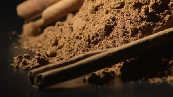 Cinnamon sticks and powder cinnamon in black background, food spice - Footage, Video
