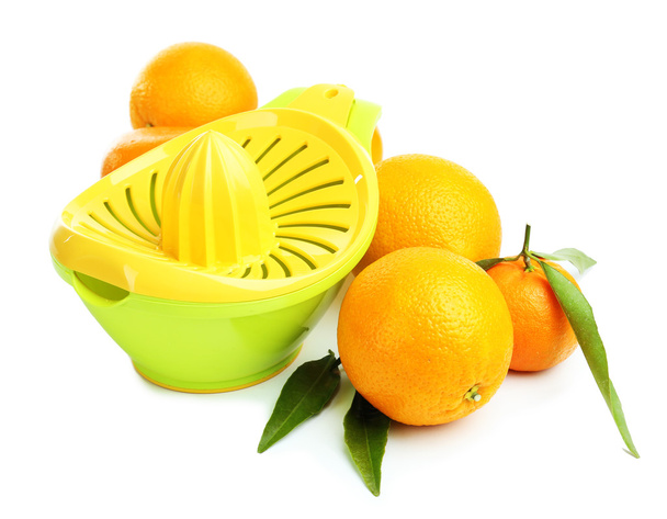 Citrus press and oranges isolated on white - Fotoğraf, Görsel
