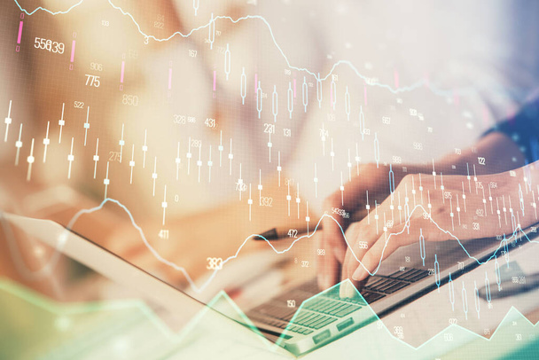 Double exposure of woman hands typing on computer and forex chart hologram drawing. Stock market invest concept. - Foto, Imagem
