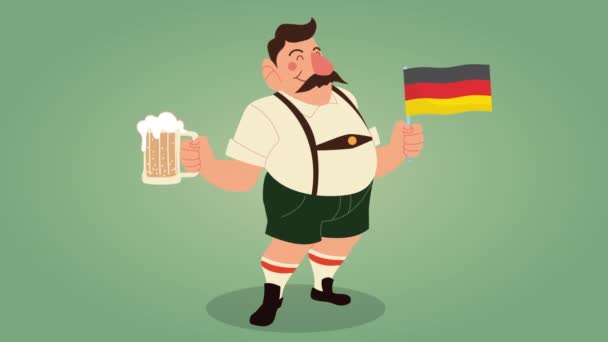 animação celebração oktoberfest com homem bêbado levantando cerveja e bandeira - Filmagem, Vídeo