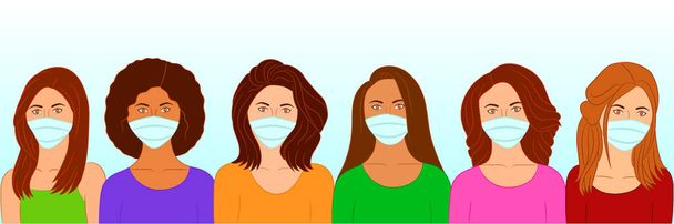 Groep van mooie vrouwen met medische maskers om corona virus ziekte, griep, luchtvervuiling te voorkomen. Vector illustratie in een platte stijl - Vector, afbeelding