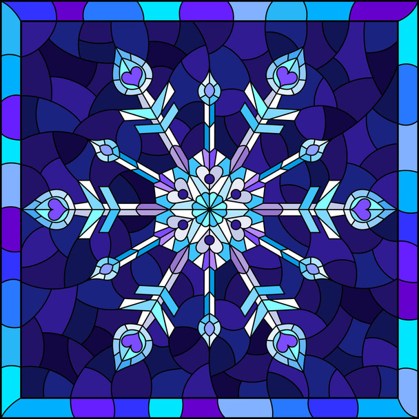 Kuvitus lasimaalauksia tyyliin harjakattoisia lumihiutale sinisellä pohjalla, neliön kuva kirkkaassa kehyksessä - Vektori, kuva