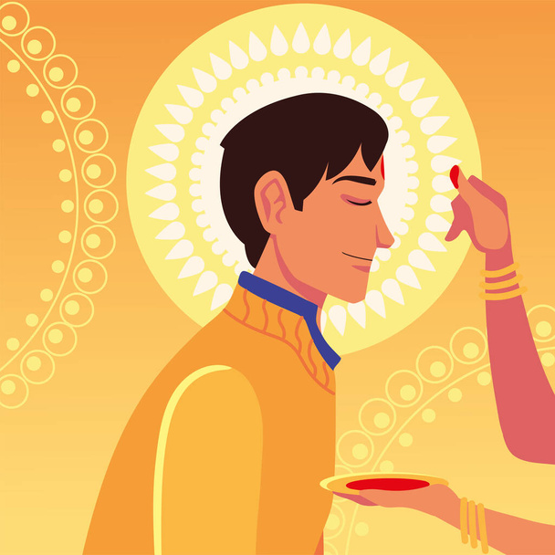 heureux bhai dooj avec l'homme indien dessin animé avec la main féminine vecteur design - Vecteur, image
