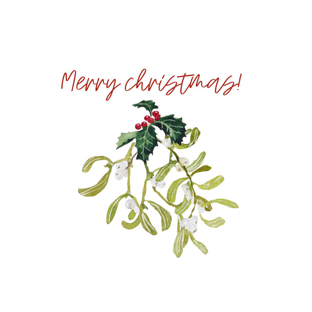 Holly μούρα χειμώνα και mistletore Χριστουγεννιάτικη υδατογραφία διακόσμηση τοίχων και Καλά Χριστούγεννα καλλιγραφία κείμενο για ευχετήρια κάρτα. - Φωτογραφία, εικόνα