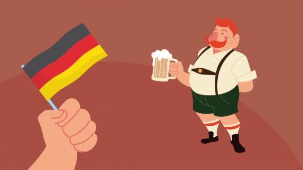 animação celebração oktoberfest com homem bêbado e mão acenando bandeira alemanha - Filmagem, Vídeo