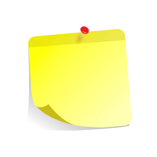 Yellow sticker for note is pinned at board. Paper memo attached by pin, post note paper, notice sticker for message board, office blank yellow notepaper. Vector illustration - Vector, Image