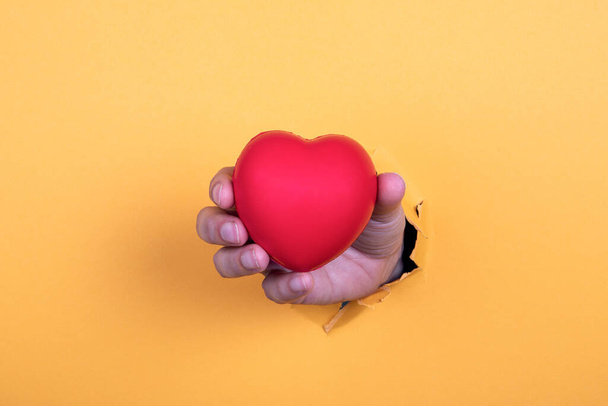 Rood rubberen hart. Gezondheid, zorg, ziekte en behandeling concept. Vrouwenhand - Foto, afbeelding
