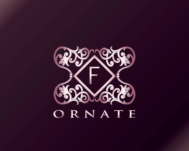 Pink Luxury Brand Letter F Elegant Logo Badge. Metal Luxury Pink Letter Initial Crest Monogram Design Vector Illustration. - Vector, Image