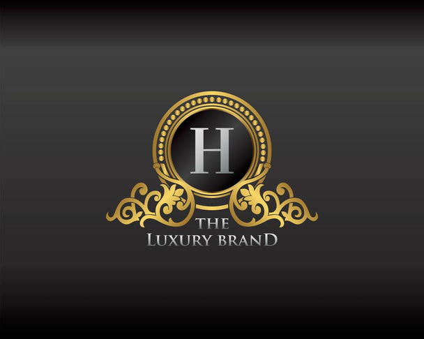 Arany Luxus márka levél H Elegáns logó jelvény. Arany betűs kezdeti címer, koszorú és korona monogram tervezési vektor illusztráció. - Vektor, kép