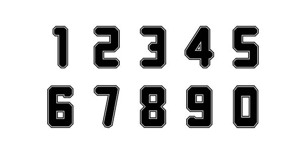 Číselná abeceda, klasická americká, vysokoškolské písmo. Stejnojmenné černé písmeno s černým vnějším obrysem. Pro dres, tričko, basketbal, baseball, fotbal. Izolovaný vektor      - Vektor, obrázek