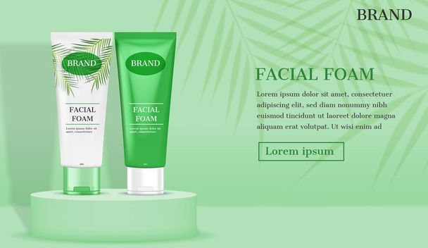 Facial foam on stand with green leaves background - Vetor, Imagem