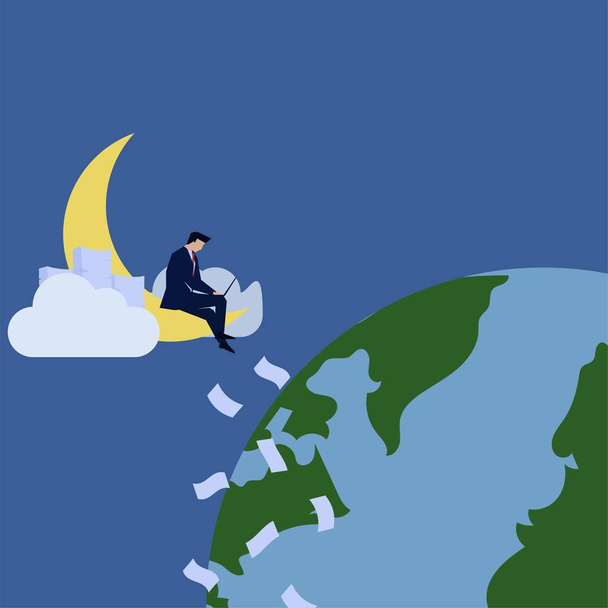 Business flat vector concept man sit and work upon moon and earth metaphor of late night shift. - Vector, Image