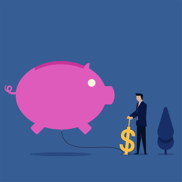 Концепция бизнес-плоского вектора man pump piggy bank с долларовой метафорой экономии. - Вектор,изображение