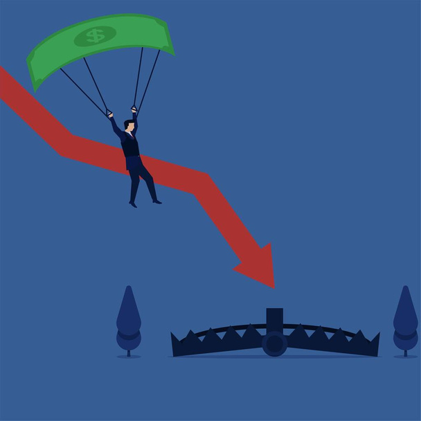 Zakelijke platte vector concept man spring naar beneden met parachute op om metafoor van strategie en verlies val. - Vector, afbeelding