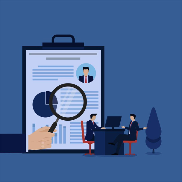 Man sit and talk with hand hold magnify metaphor of interview and hiring. Business flat vector concept illustration. - Vector, Image