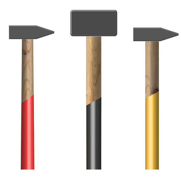 Conjunto de diferentes martelos isolados sobre fundo branco. Elementos de design da ferramenta de trabalho. Vista superior, ilustração vetorial. - Vetor, Imagem