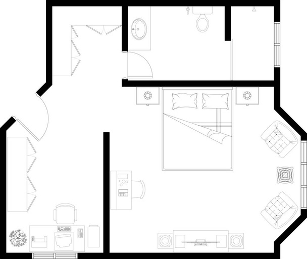 2D CAD drawing of single bedroom layout complete with 1 bathroom and window for natural ventilation. The bedroom is furnished with a variety of bedroom furniture. Drawing in black and white.  - Photo, Image