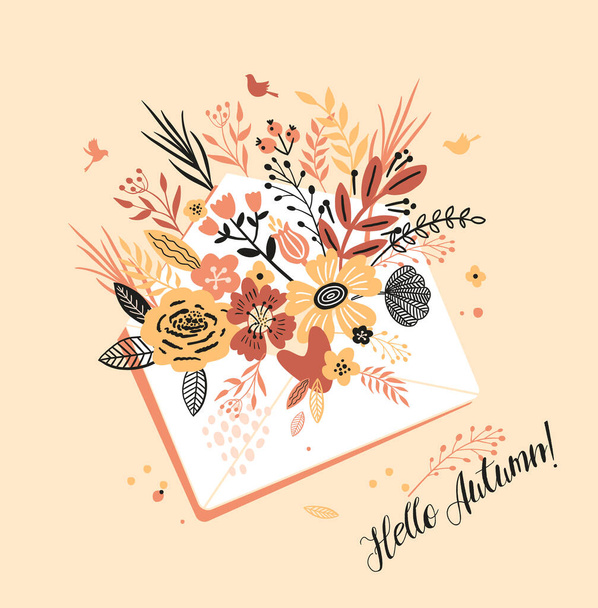 Lovely autumn card with a bouqet flowers, leaves envelope and with the inscription I Hello Autumn. Perfect for greeting cards, postcards, t-shirt design and other yours design in trend colors. - ベクター画像