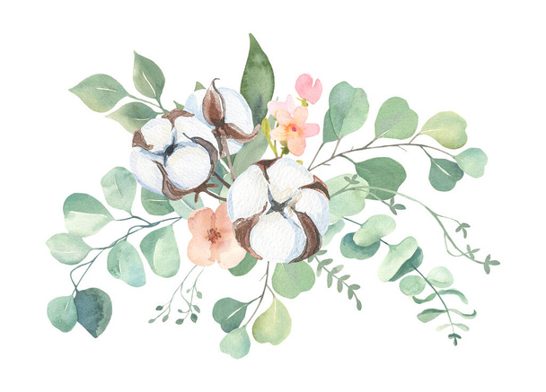 水彩花イラストコレクション-緑の葉の枝、結婚式の固定、壁紙、挨拶、背景のための。水彩ユーカリ、オリーブ、緑の葉.  - 写真・画像