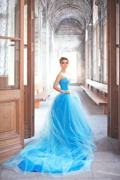 Une belle jeune fille en robe de bal bleue debout à la porte d'un ancien manoir - Photo, image