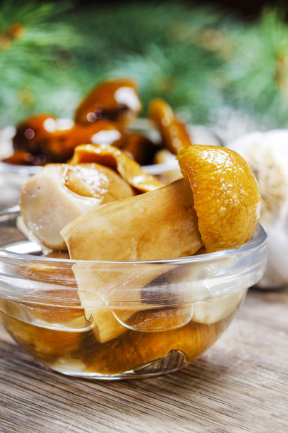 Pickled mushrooms in transparent glass bowl - Photo, Image