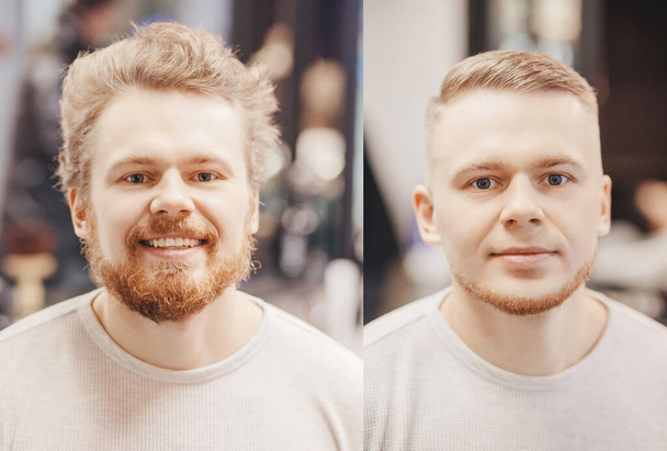 Przed i po Man w fotelu fryzjerskim, fryzjer stylizacji w fryzjer - Zdjęcie, obraz