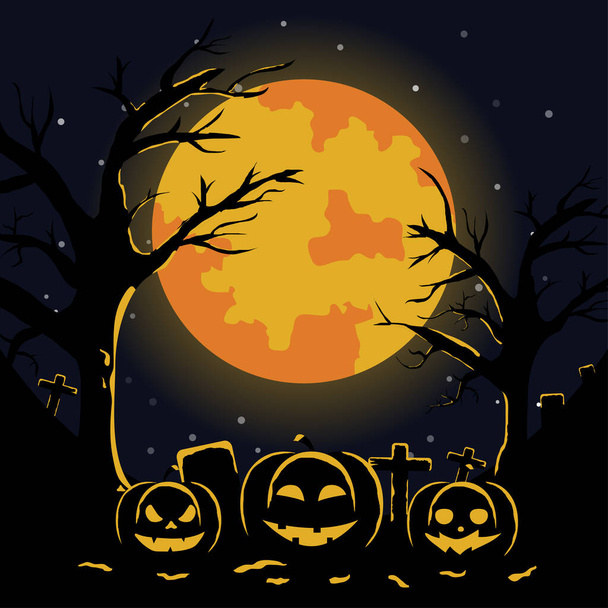 Halloween poszter, éjszakai háttér sütőtökkel, illusztráció. Üdvözlőlap halloween ünnep, halloween party poszter - Vektor, kép