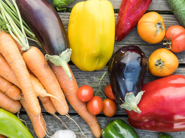 Freshly picked organic home-grown vegetables on a wooden background - Foto, Imagem