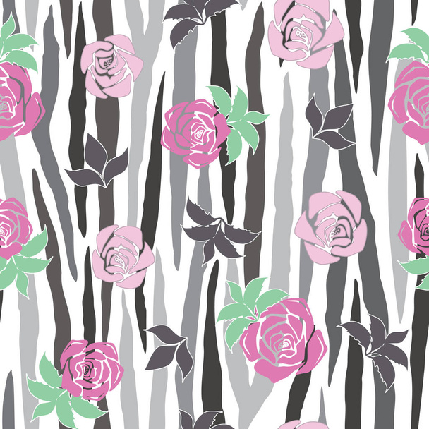 Vector Zebra Stripe and Roses pattern background - Вектор,изображение