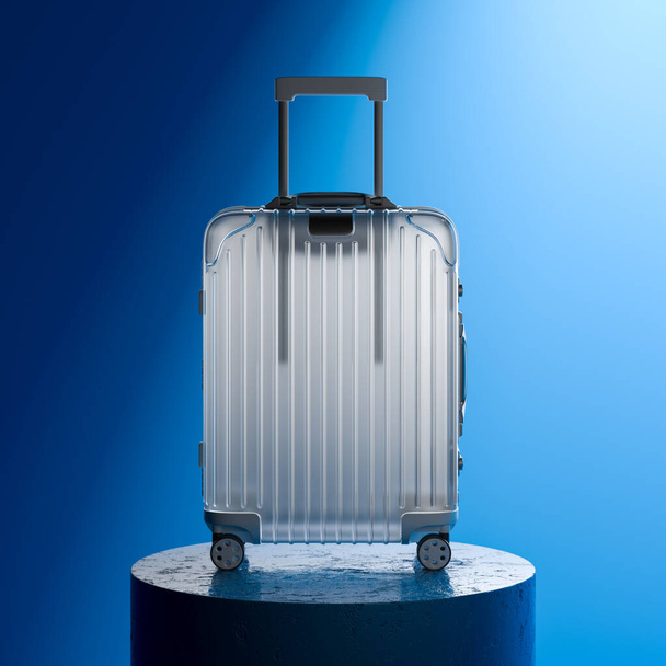 Close Up Of Gray Metallic Blank Modern Suitcase on Blue Background And Glossy Showcase. 3d Rendering. Copy Space. Empty Space - Φωτογραφία, εικόνα