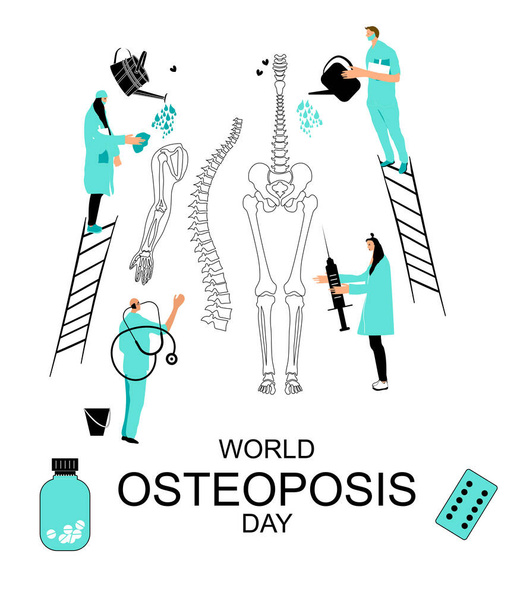 Koncept Světového dne osteoporózy. Lidé v lékařských šatech se starají o lidské kosti a kostlivce.Lékaři léčí karikaturní páteře.Hnutí postižení a artritida, onemocnění kloubů. Nedostatek vitamínu D - Vektor, obrázek