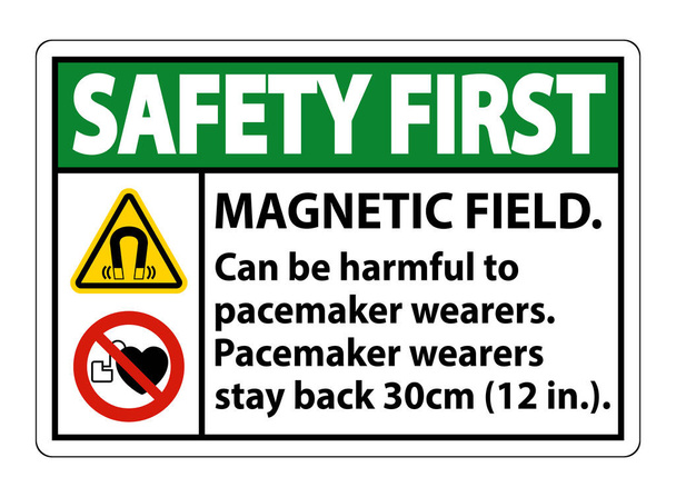 Ασφάλεια Πρώτο μαγνητικό πεδίο μπορεί να είναι επιβλαβής για βηματοδότη wearers.pacemaker wearers.stay πίσω 30cm  - Διάνυσμα, εικόνα