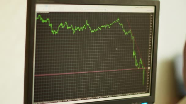 Vista lateral de un hombre sentado detrás de un monitor de ordenador, el comercio de valores - Metraje, vídeo