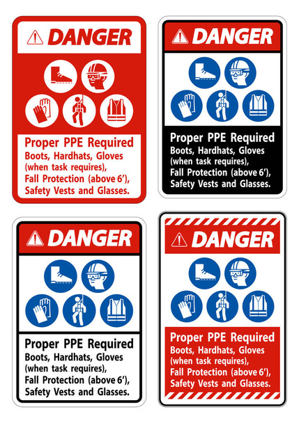 Sinal de perigo adequado PPE Botas necessárias, Hardhats, Luvas Quando a tarefa requer proteção contra quedas com símbolos PPE  - Vetor, Imagem